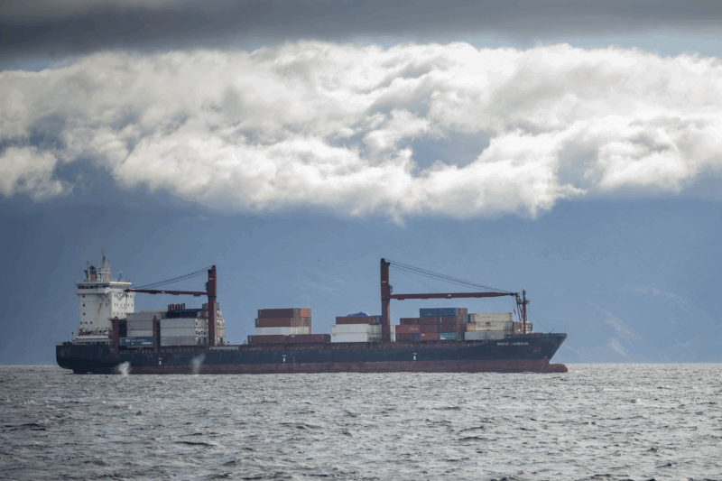 A large container ship on a partly cloudy day with two whale spouts closeby.