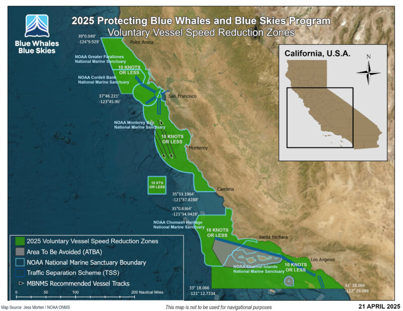 Map showing 2025 vessel speed reduction zones along California’s coast to protect blue whales and blue skies.
