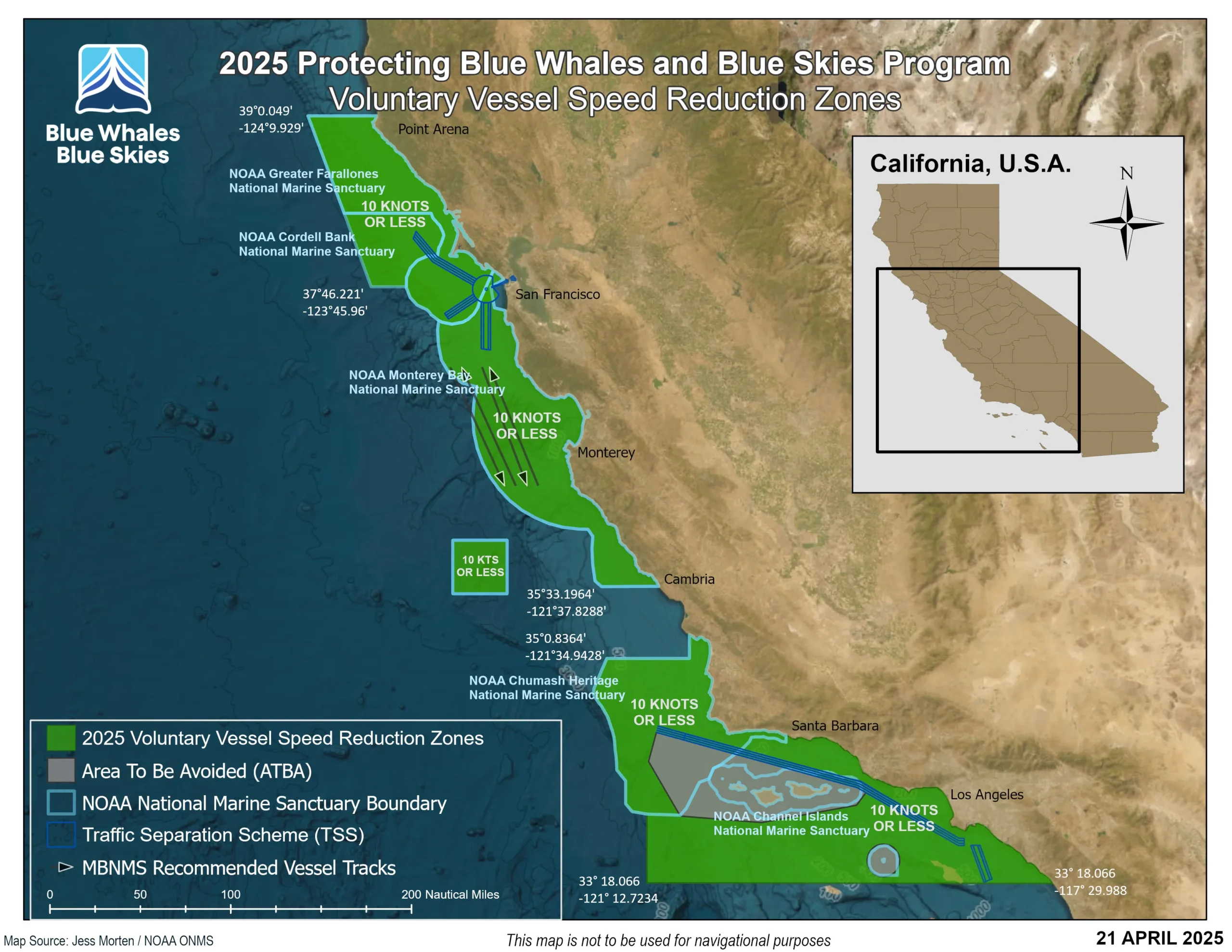 Map of California coast showing vessel speed reduction zones to protect blue whales and blue skies in 2025.