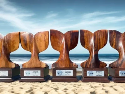 Five wooden surfboard-shaped trophies on a sandy beach with the ocean in the background.