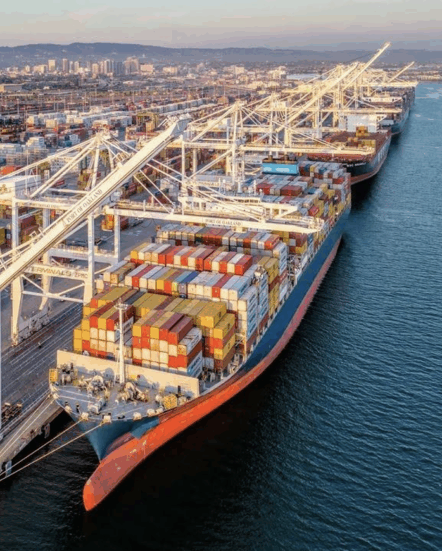 Large ships docked at the Port of Oakland in the Bay area with city in background
