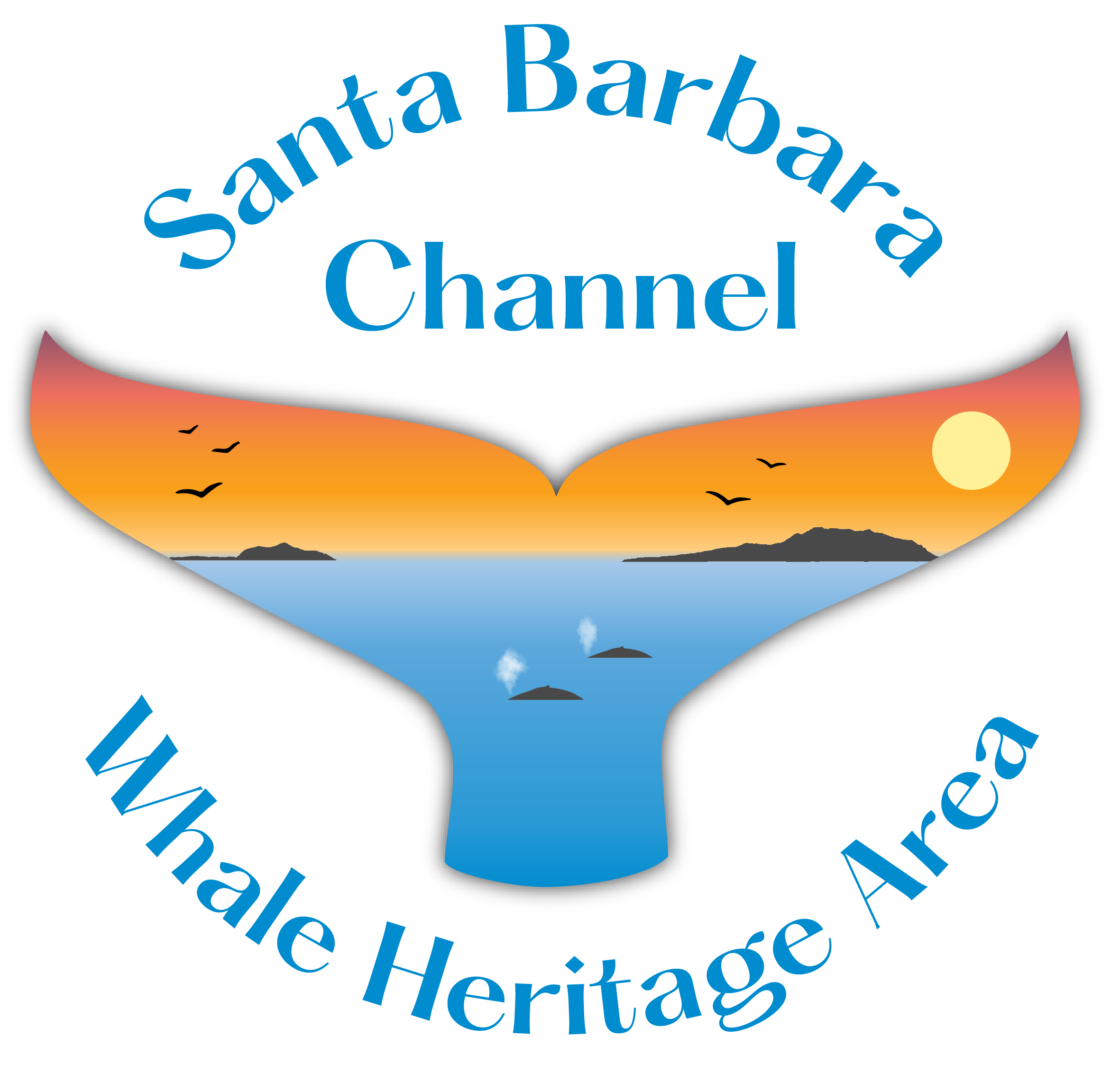 Logo with whale tail at sunset, ocean, islands, and text: "Santa Barbara Channel Whale Heritage Area.