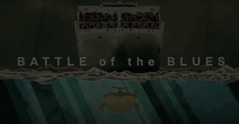 A artists sketch of a large container ship with a depiction of a whale swimming underneath. The words Battle of the Blues are overlaid the image.
