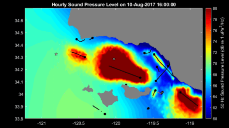 Visual showing the Santa Barbara Channel and vessel track lines and how noise radiates beyond the vessel.