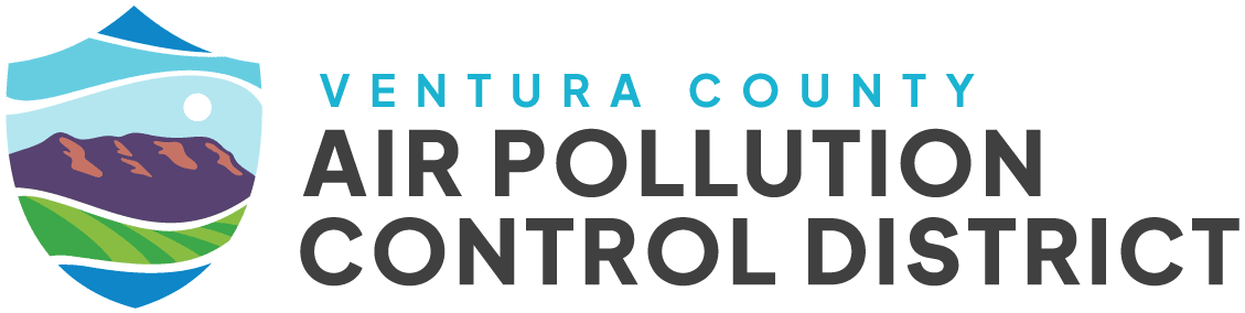 Ventura County Air Pollution Control District logo with mountains, sky, and fields inside a shield shape.