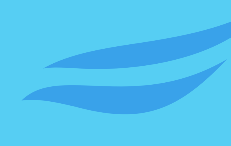Two stylized, curved blue shapes on a light blue background, resembling abstract waves or leaves.