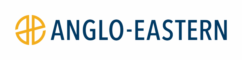 Anglo-Eastern logo with a yellow circular emblem and blue text on a transparent background.