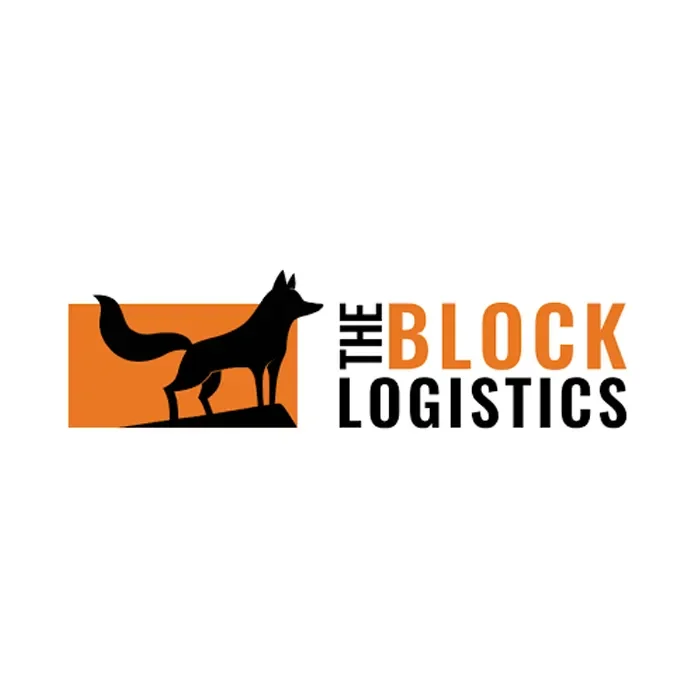 Logo with a black fox silhouette and the words "The Block Logistics" in black and orange text on a white background.