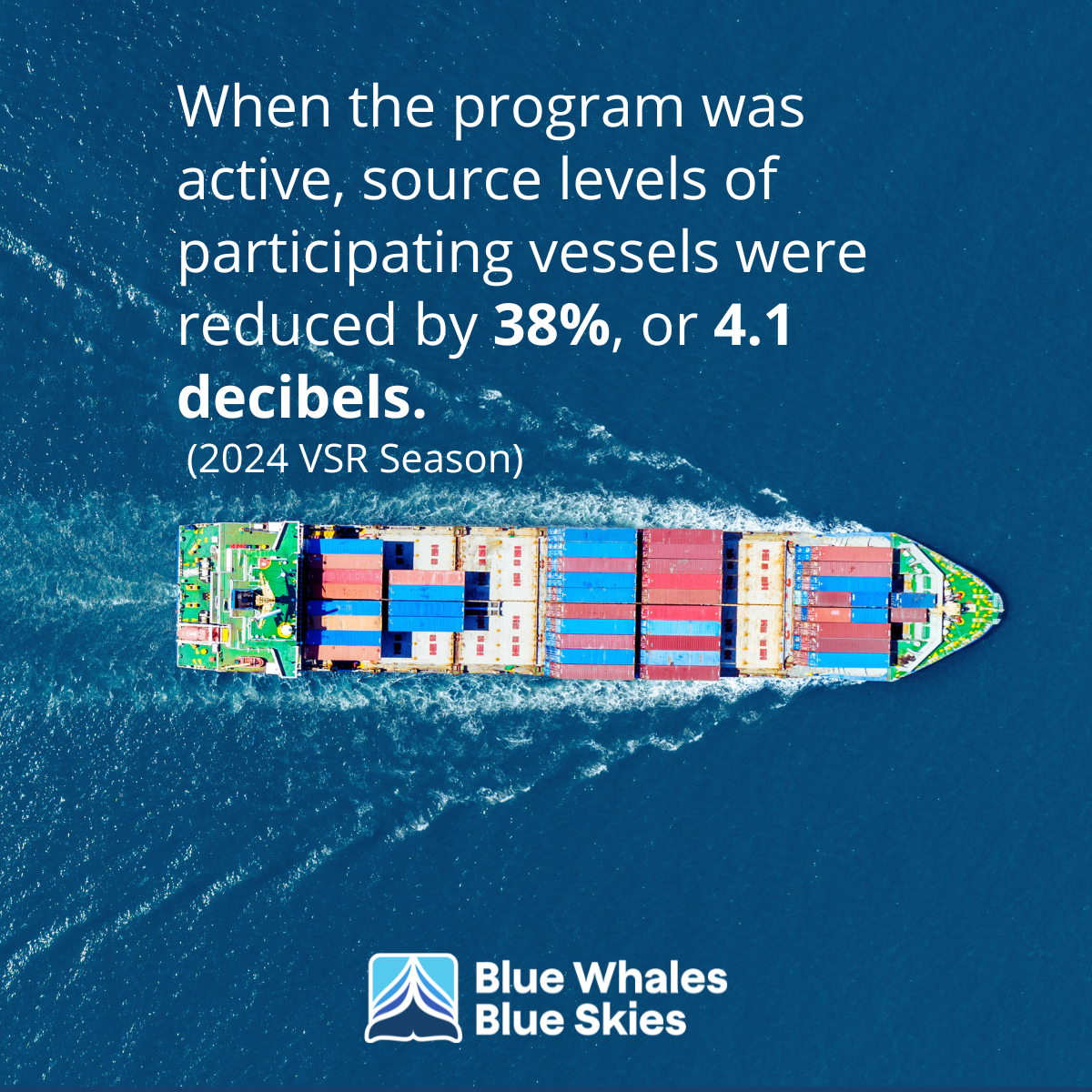 A cargo ship travels through blue ocean water with text showing noise reductions from a vessel program.
