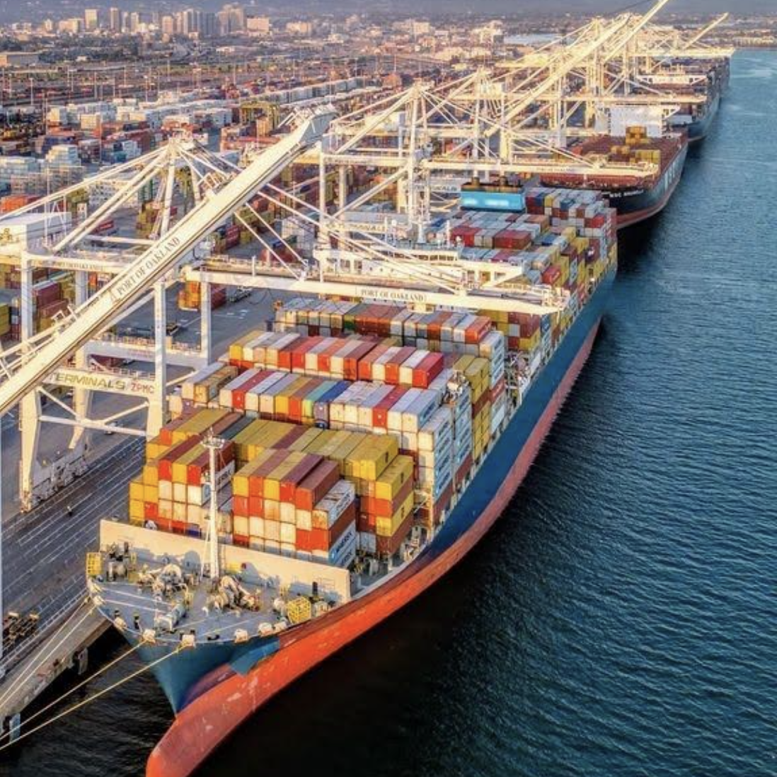 Large ships docked at the Port of Oakland in the Bay area with city in background