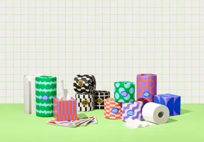 Colorful patterned toilet paper rolls and tissue boxes on a green surface with a grid-patterned wall background.