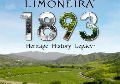 A lush lemon grove with hills, "Limoneira 1893" text, and "Heritage History Legacy" slogan overlaid.