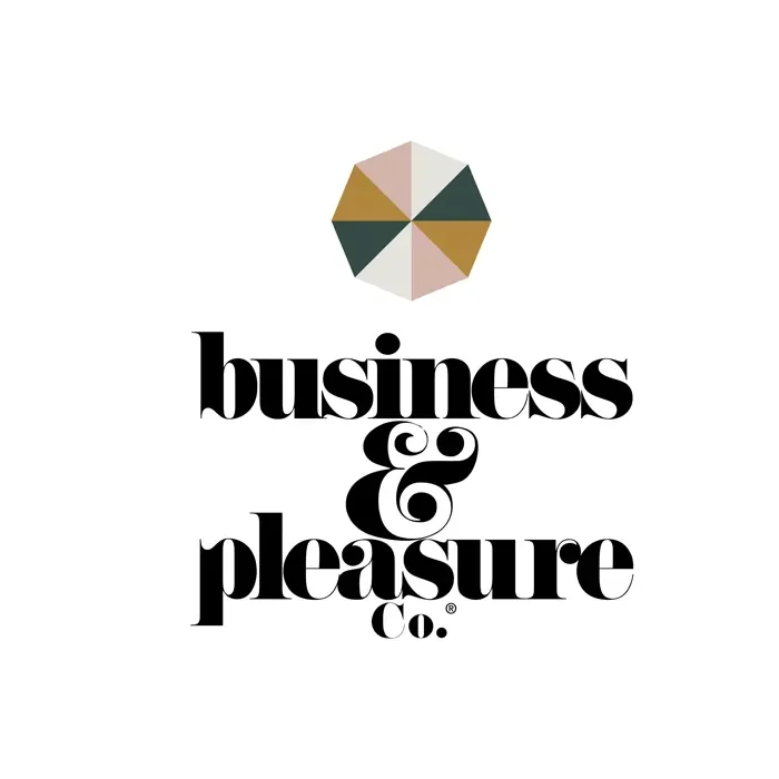 Geometric logo above "business & pleasure Co." in bold black text on a white background.