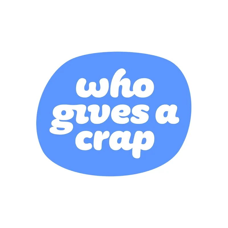 Blue speech bubble with white text that says "who gives a crap" in a playful, rounded font.