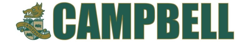 Green and gold "CAMPBELL" text with a crest featuring a dragon and shield on the left side.