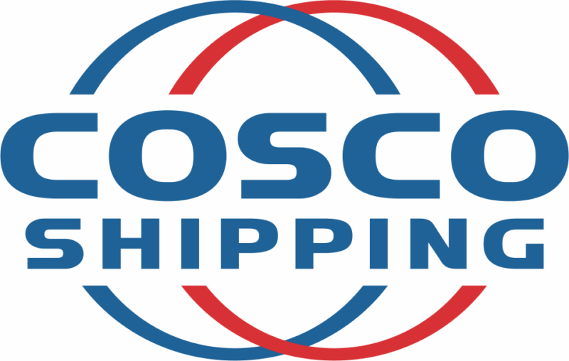 COSCO SHIPPING logo with blue text and red and blue curved lines forming an abstract globe shape.