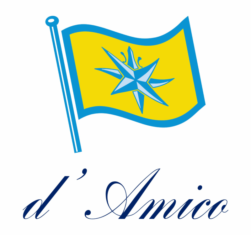 A yellow flag with a blue star and border, above the cursive text "d’Amico.