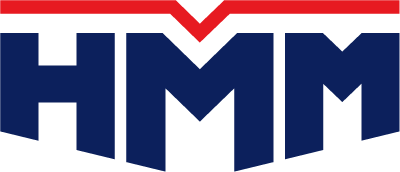 Navy blue "HMM" letters with a red line and downward arrow above on a white background.