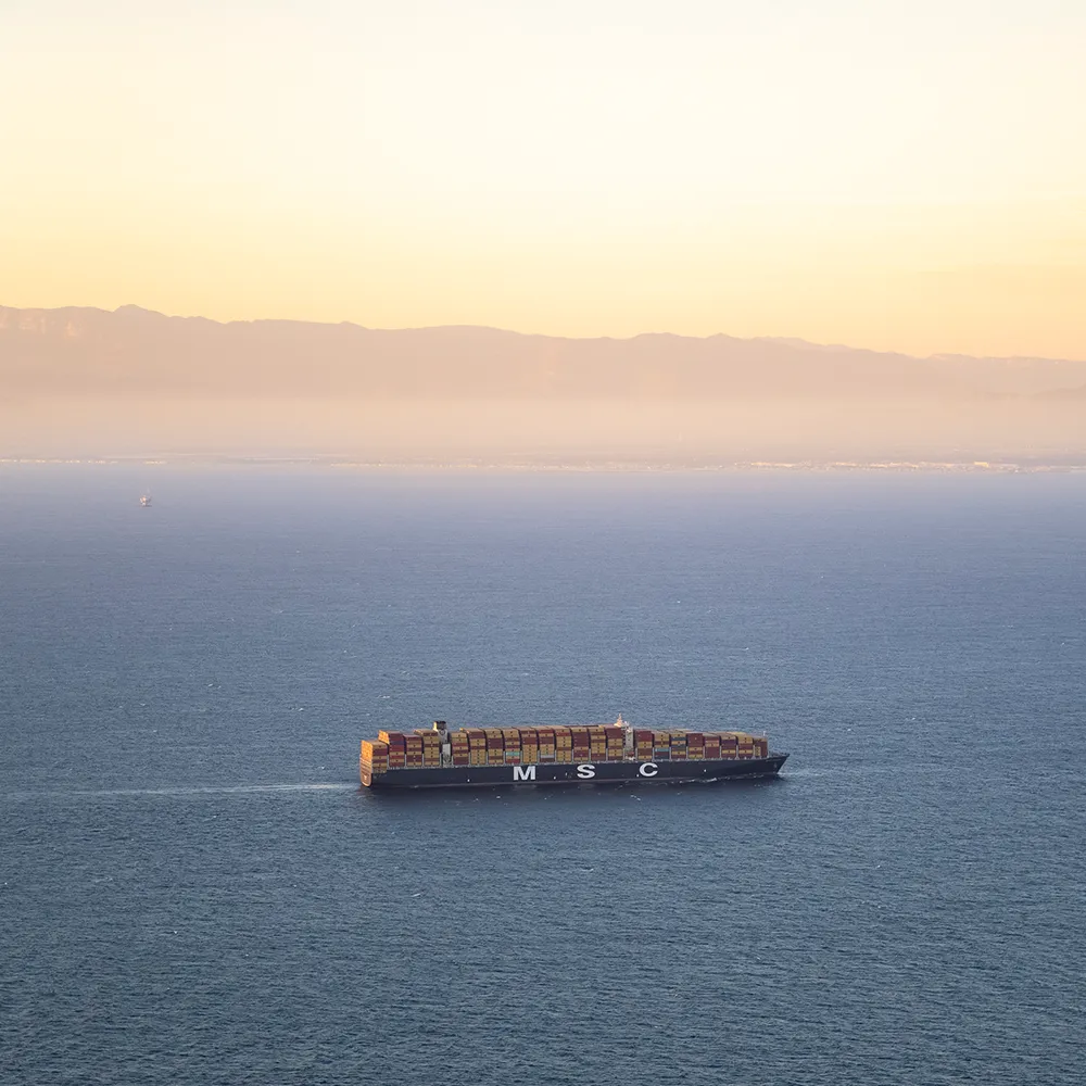 A large MSC container ship sails across calm blue water under a hazy sky near distant mountains.