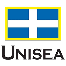 A blue and white flag with a yellow border above the word "Unisea" in bold black letters.