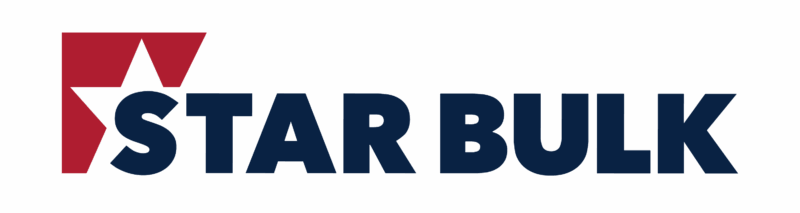 Star Bulk logo with a red square, black star, and bold blue text reading "STAR BULK" on a transparent background.