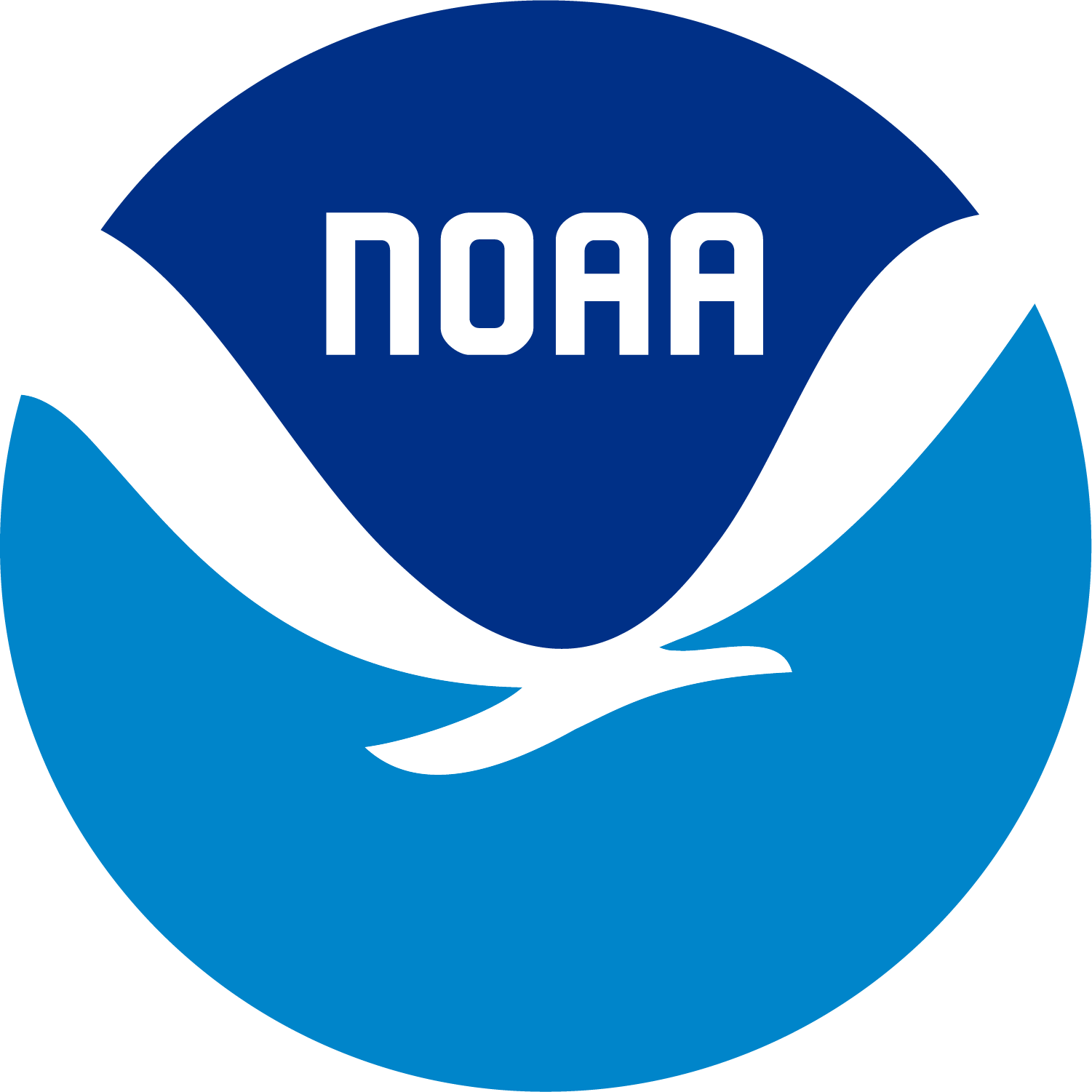 NOAA logo with stylized white seagull and wave on blue background, NOAA text above.