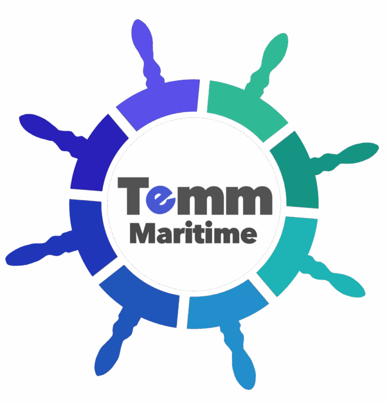 Logo for Temm Maritime with a stylized ship wheel in blue and green shades surrounding the company name.