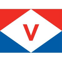 A red "V" on a white diamond, with red above and blue below.