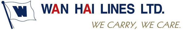 Wan Hai Lines Ltd. logo with a flag and the slogan "We carry, we care." in gold text.